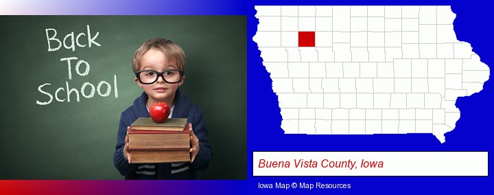 the back-to-school concept; Buena Vista County, Iowa highlighted in red on a map