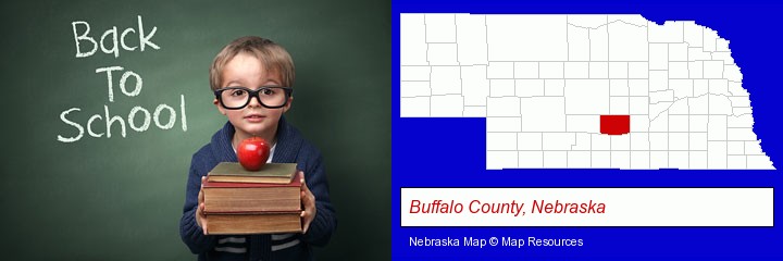 the back-to-school concept; Buffalo County, Nebraska highlighted in red on a map