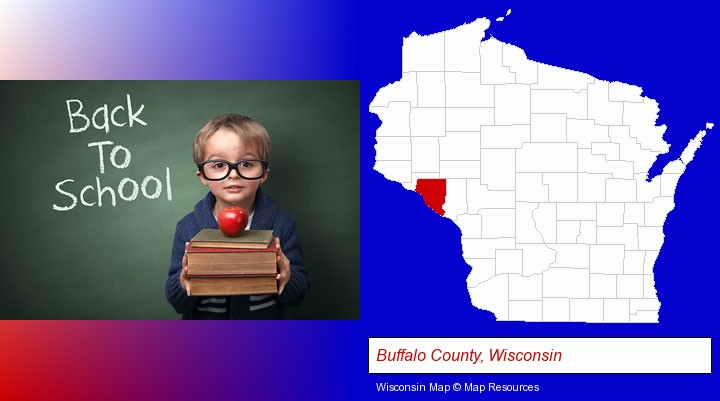 the back-to-school concept; Buffalo County, Wisconsin highlighted in red on a map