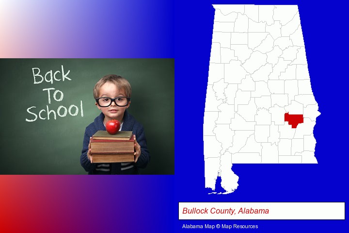 the back-to-school concept; Bullock County, Alabama highlighted in red on a map