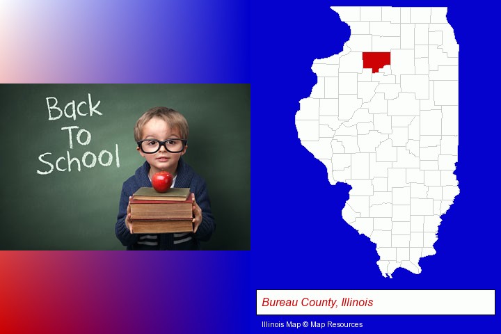 the back-to-school concept; Bureau County, Illinois highlighted in red on a map