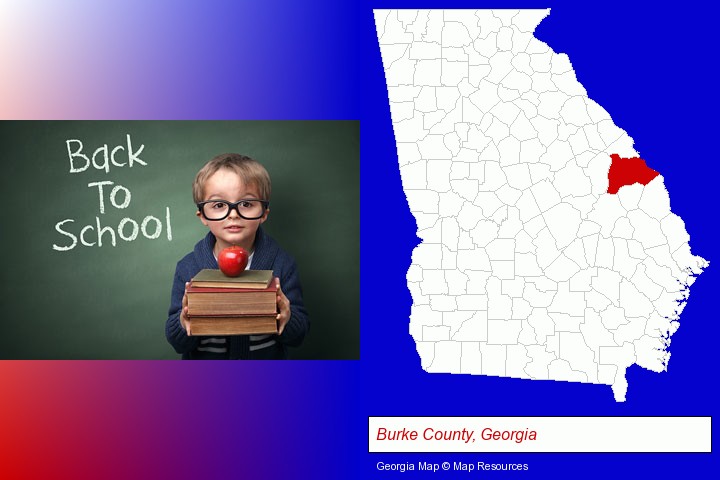 the back-to-school concept; Burke County, Georgia highlighted in red on a map