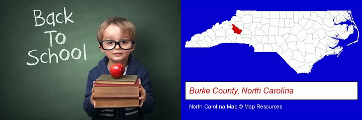 the back-to-school concept; Burke County, North Carolina highlighted in red on a map