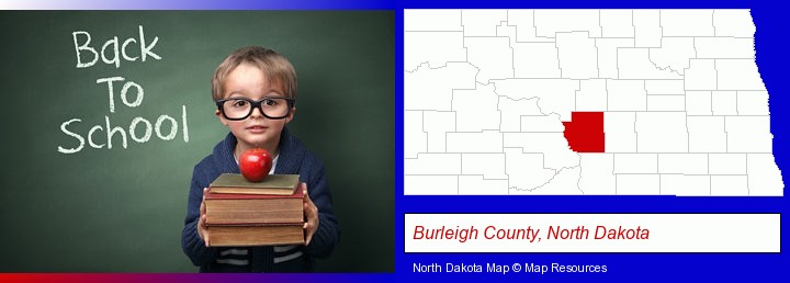 the back-to-school concept; Burleigh County, North Dakota highlighted in red on a map