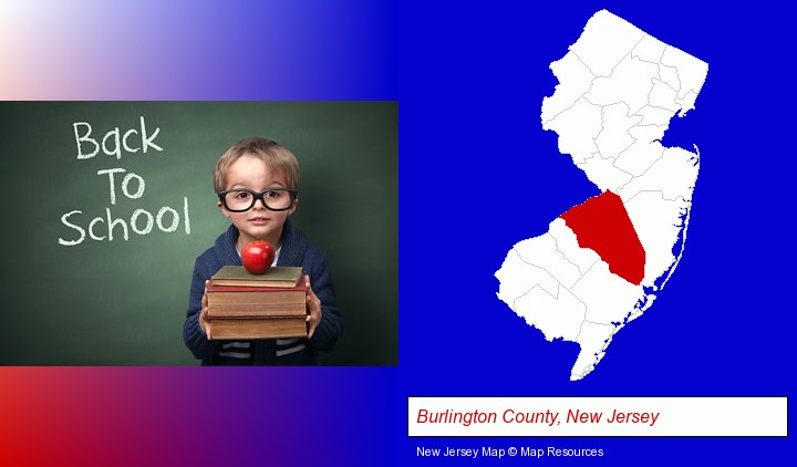 the back-to-school concept; Burlington County, New Jersey highlighted in red on a map