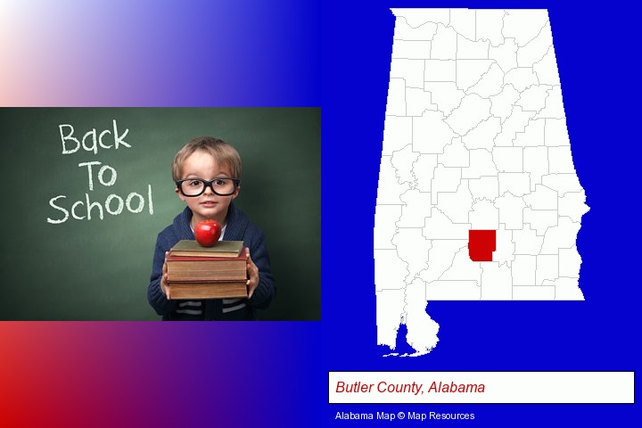 the back-to-school concept; Butler County, Alabama highlighted in red on a map