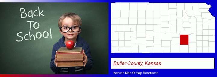 the back-to-school concept; Butler County, Kansas highlighted in red on a map