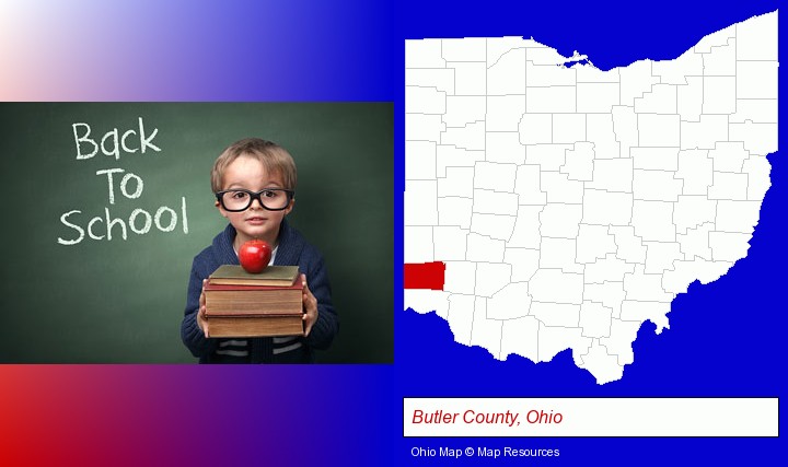 the back-to-school concept; Butler County, Ohio highlighted in red on a map