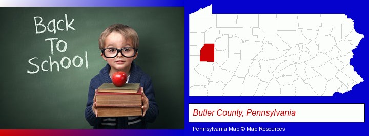 the back-to-school concept; Butler County, Pennsylvania highlighted in red on a map