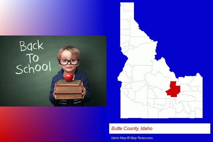 the back-to-school concept; Butte County, Idaho highlighted in red on a map