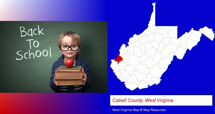 the back-to-school concept; Cabell County, West Virginia highlighted in red on a map
