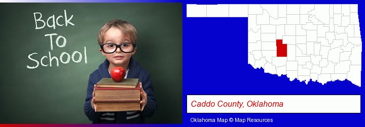 the back-to-school concept; Caddo County, Oklahoma highlighted in red on a map