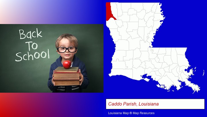 the back-to-school concept; Caddo Parish, Louisiana highlighted in red on a map