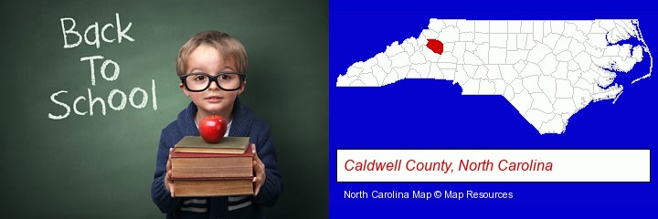 the back-to-school concept; Caldwell County, North Carolina highlighted in red on a map
