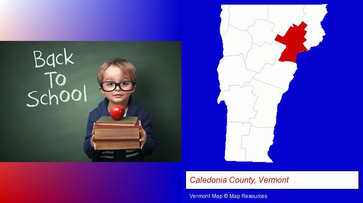 the back-to-school concept; Caledonia County, Vermont highlighted in red on a map