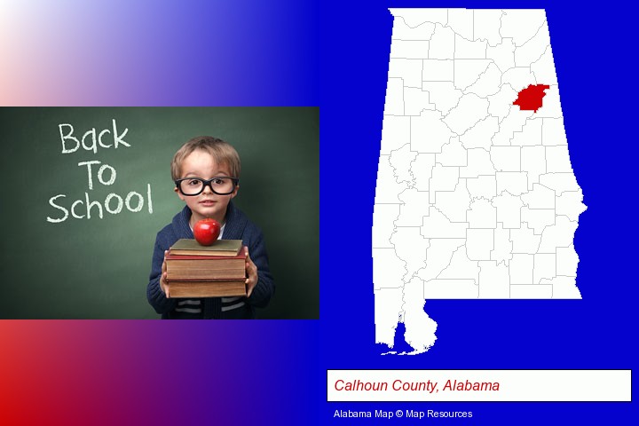the back-to-school concept; Calhoun County, Alabama highlighted in red on a map