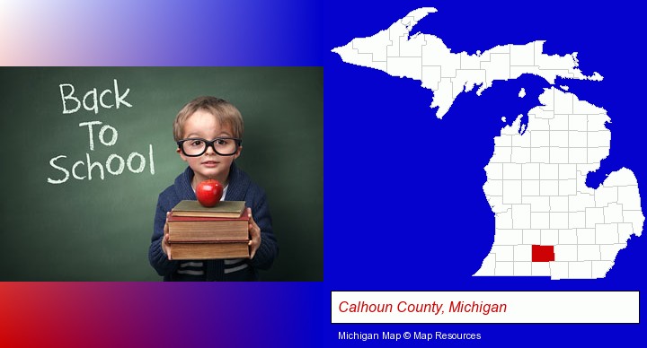 the back-to-school concept; Calhoun County, Michigan highlighted in red on a map