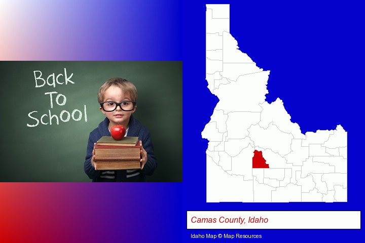 the back-to-school concept; Camas County, Idaho highlighted in red on a map