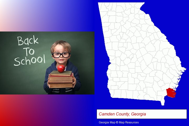 the back-to-school concept; Camden County, Georgia highlighted in red on a map