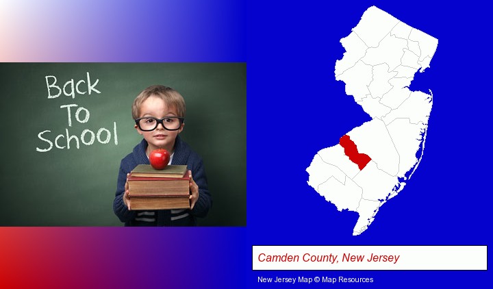 the back-to-school concept; Camden County, New Jersey highlighted in red on a map