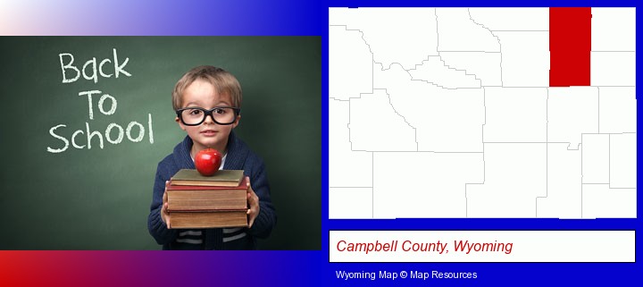 the back-to-school concept; Campbell County, Wyoming highlighted in red on a map