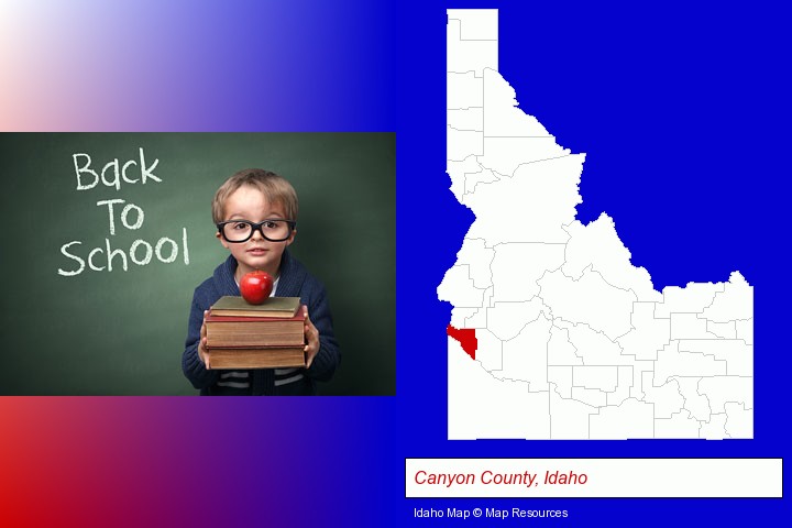 the back-to-school concept; Canyon County, Idaho highlighted in red on a map