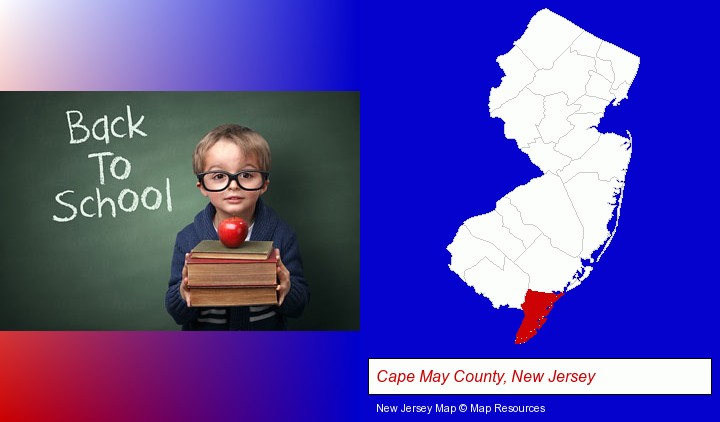 the back-to-school concept; Cape May County, New Jersey highlighted in red on a map