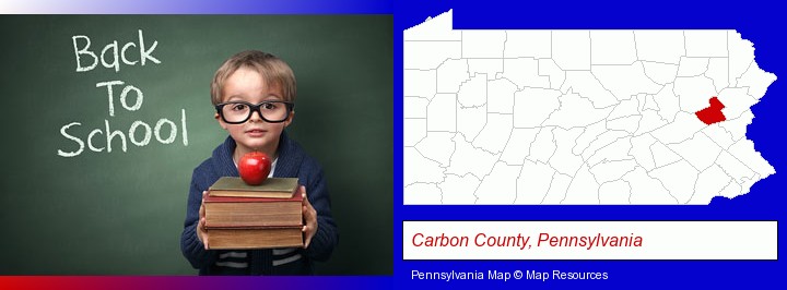 the back-to-school concept; Carbon County, Pennsylvania highlighted in red on a map