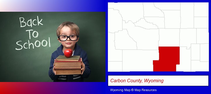 the back-to-school concept; Carbon County, Wyoming highlighted in red on a map