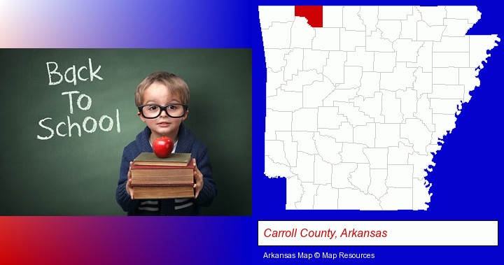 the back-to-school concept; Carroll County, Arkansas highlighted in red on a map