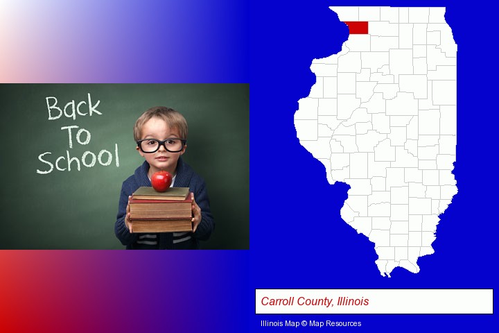 the back-to-school concept; Carroll County, Illinois highlighted in red on a map