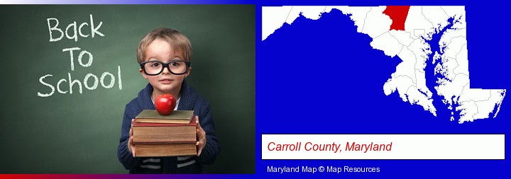 the back-to-school concept; Carroll County, Maryland highlighted in red on a map