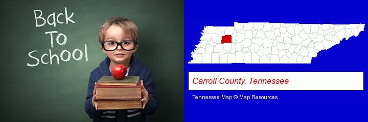the back-to-school concept; Carroll County, Tennessee highlighted in red on a map
