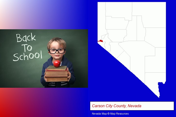 the back-to-school concept; Carson City County, Nevada highlighted in red on a map