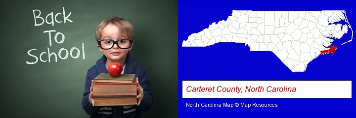 the back-to-school concept; Carteret County, North Carolina highlighted in red on a map