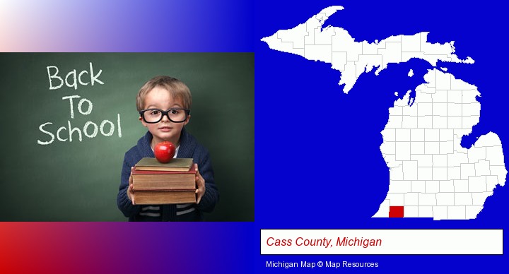the back-to-school concept; Cass County, Michigan highlighted in red on a map