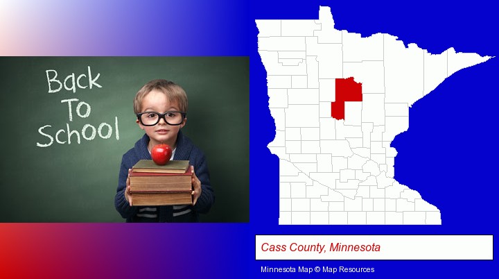 the back-to-school concept; Cass County, Minnesota highlighted in red on a map