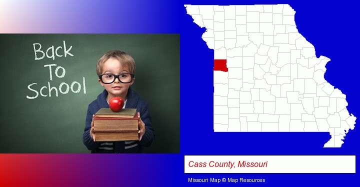 the back-to-school concept; Cass County, Missouri highlighted in red on a map
