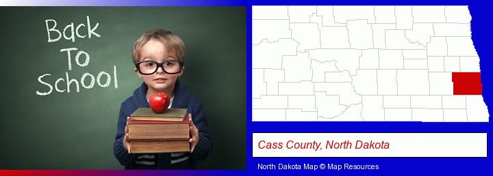 the back-to-school concept; Cass County, North Dakota highlighted in red on a map