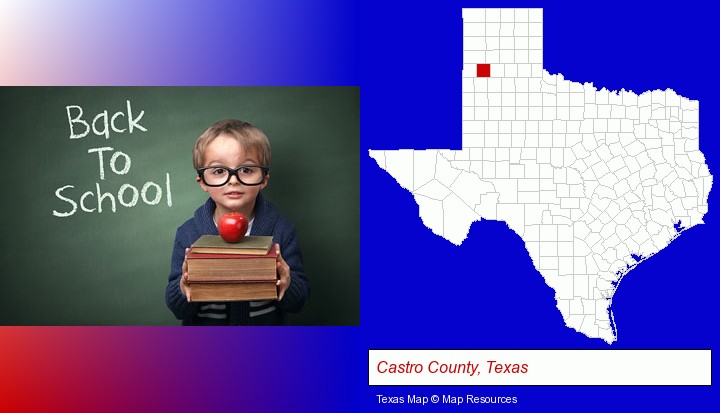 the back-to-school concept; Castro County, Texas highlighted in red on a map
