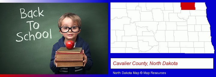 the back-to-school concept; Cavalier County, North Dakota highlighted in red on a map
