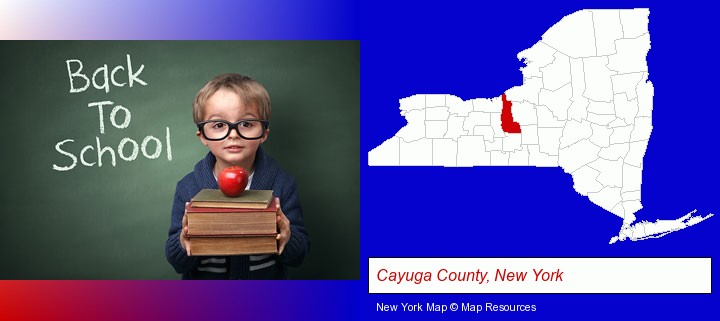 the back-to-school concept; Cayuga County, New York highlighted in red on a map