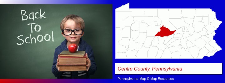 the back-to-school concept; Centre County, Pennsylvania highlighted in red on a map