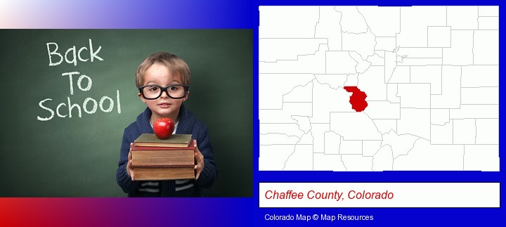 the back-to-school concept; Chaffee County, Colorado highlighted in red on a map