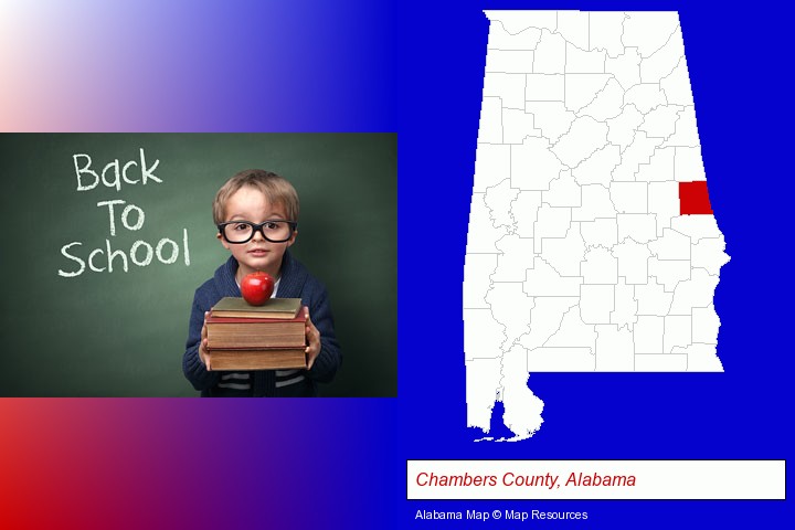 the back-to-school concept; Chambers County, Alabama highlighted in red on a map