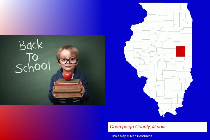 the back-to-school concept; Champaign County, Illinois highlighted in red on a map