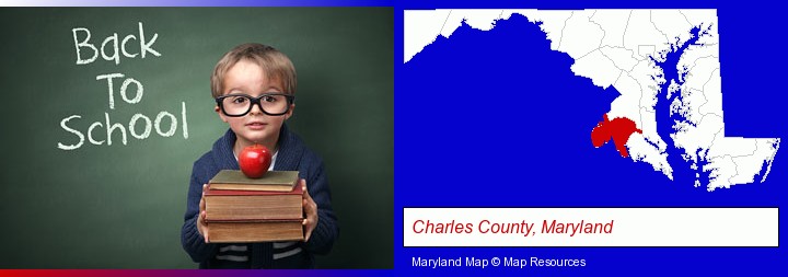 the back-to-school concept; Charles County, Maryland highlighted in red on a map