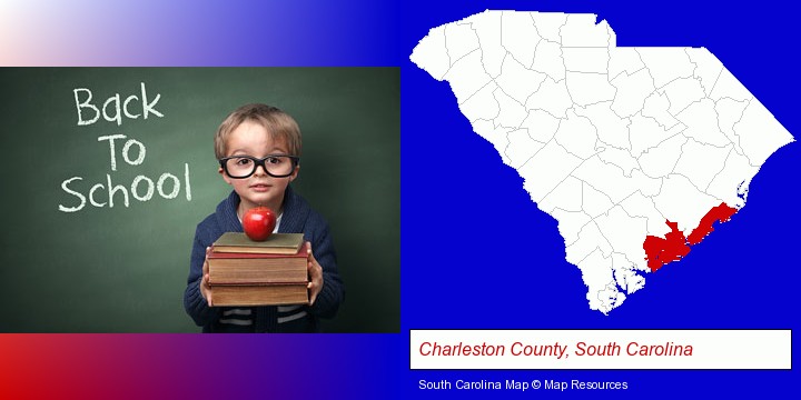 the back-to-school concept; Charleston County, South Carolina highlighted in red on a map