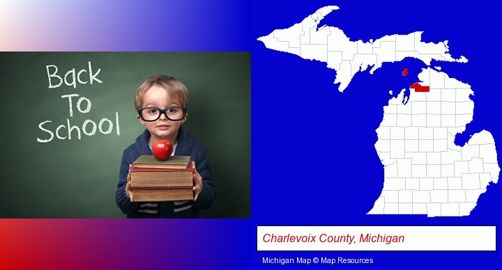 the back-to-school concept; Charlevoix County, Michigan highlighted in red on a map