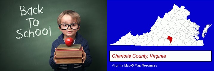 the back-to-school concept; Charlotte County, Virginia highlighted in red on a map